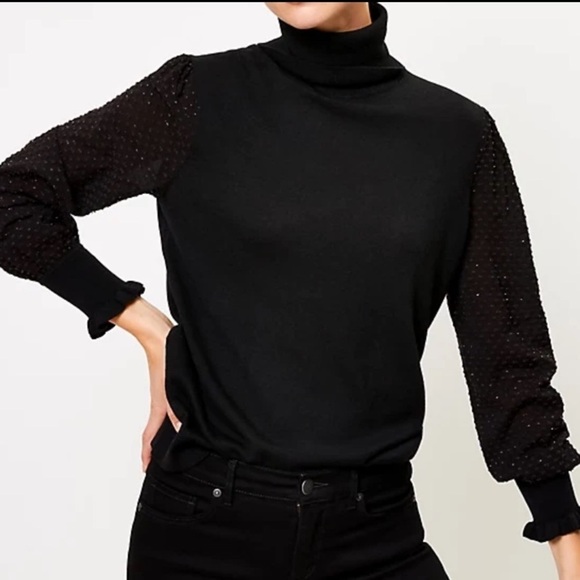 LOFT Sweaters - Ann Taylor Loft T-Neck Mixed Media Black Sweater w/Textured Sleeves Size M NWT
